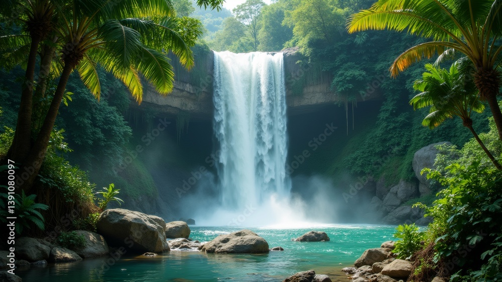Fototapeta premium beautiful waterfall cascading down rocky cliff into pool turquoise water below waterfall surrounded lush greenery tall palm trees tropical plants either side water flowing down cliff creating misty