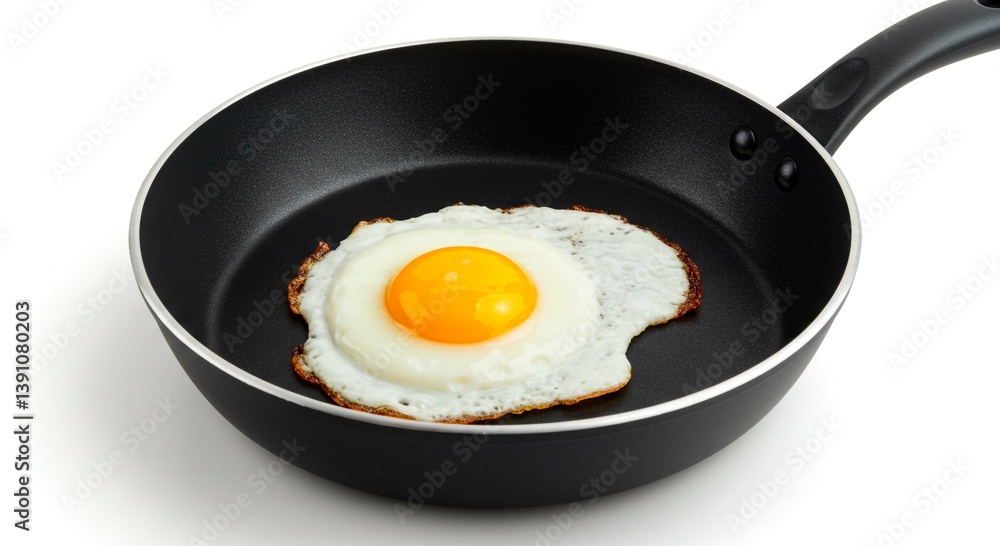 A freshly cooked sunny-side-up egg sits sizzling in a black frying pan, its golden yolk gleaming against the cooked white, ready to be served. A freshly cooked sunny-side-up egg sits sizzling in a black frying pan, its golden yolk gleaming against the cooked white, ready to be served.