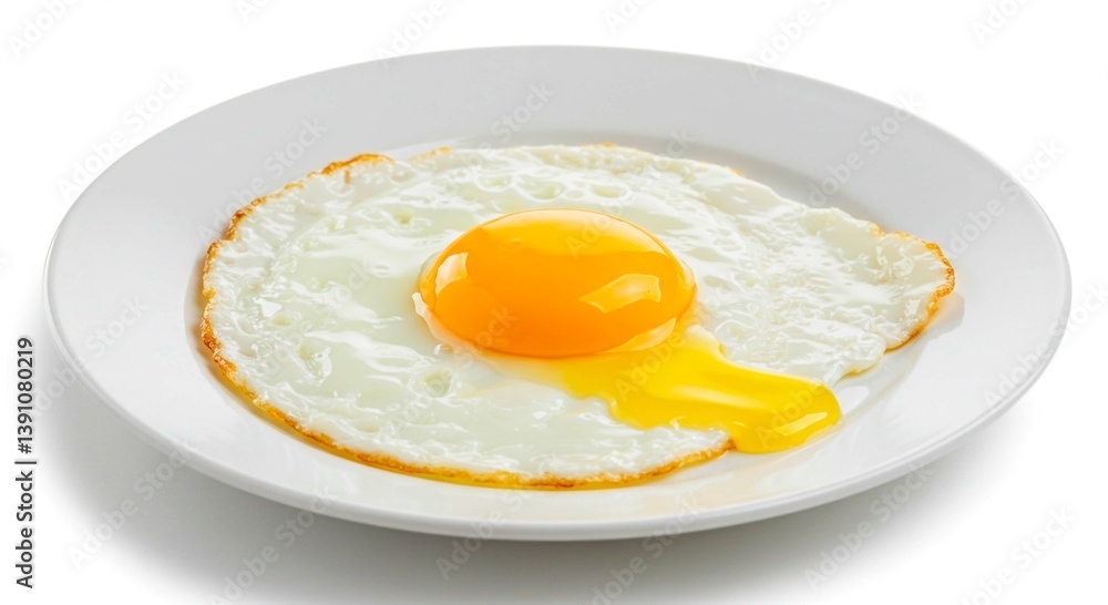 A fried egg on a plate, showcasing a bright yellow yolk surrounded by cooked egg white. The egg sits on a white plate against a white backdrop. A fried egg on a plate, showcasing a bright yellow yolk surrounded by cooked egg white. The egg sits on a white plate against a white backdrop.