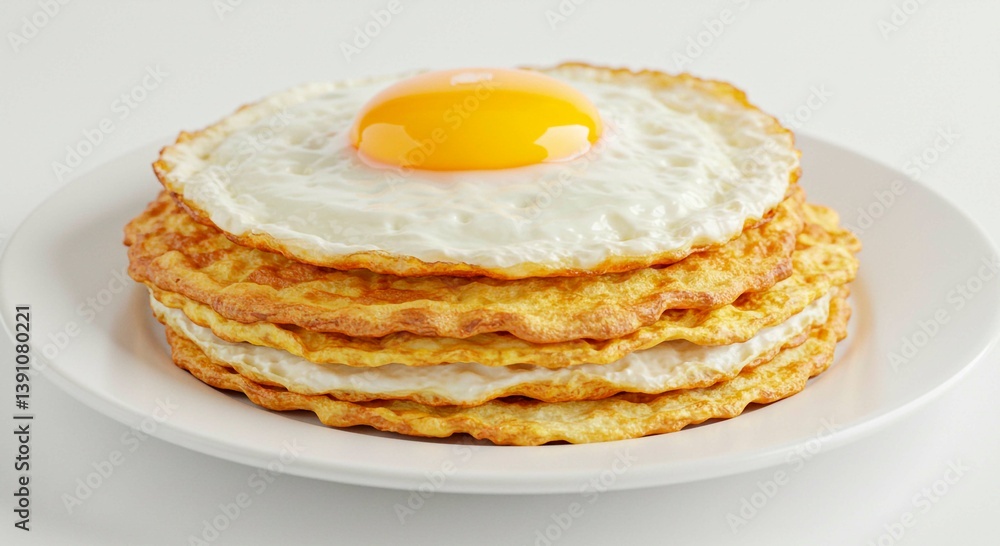 Elevated Egg Stack: A pile of eggs, a breakfast delight, showcasing a sunny-side-up egg on top, promising a delicious and protein-rich meal. Elevated Egg Stack: A pile of eggs, a breakfast delight, showcasing a sunny-side-up egg on top, promising a delicious and protein-rich meal.