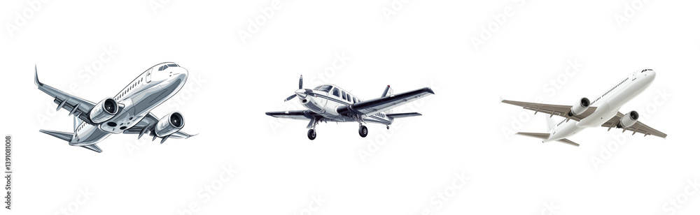 Aircraft takeoff and landing showcase aviation field illustrations. Cut out set Aircraft takeoff and landing showcase aviation field illustrations. Cut out set