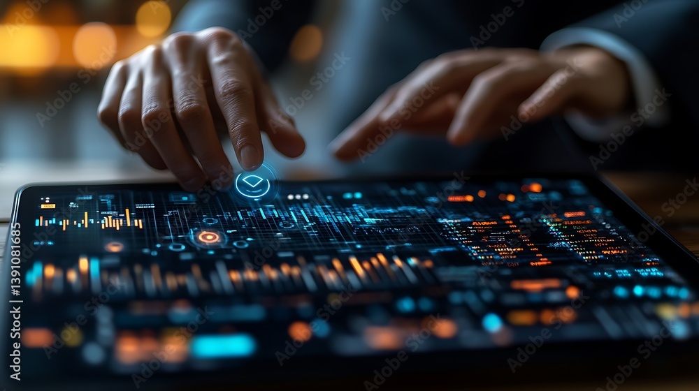 Naklejka premium Hands Interacting with Digital Interface on Tablet, Exploring Data Visualization and Futuristic Technology Concepts for Innovative Solutions.