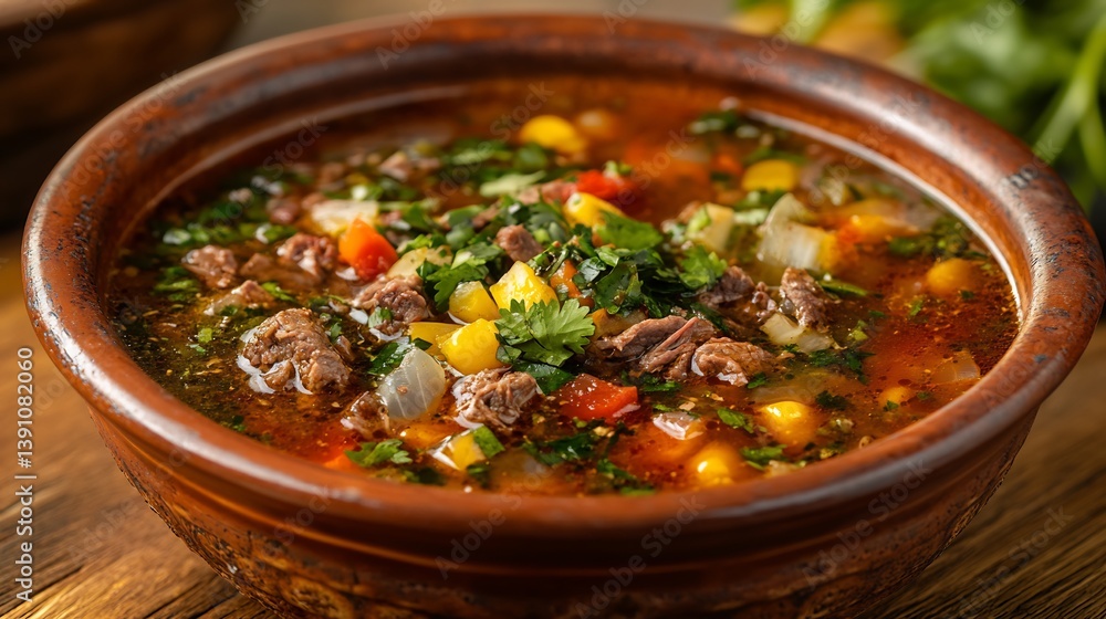Vibrant bowl of caldo de res from Mexico with tender beef vegetables and aromatic herbs captured in a warm high resolution homestyle culinary photography style Vibrant bowl of caldo de res from Mexico with tender beef vegetables and aromatic herbs captured in a warm high resolution homestyle culinary photography style