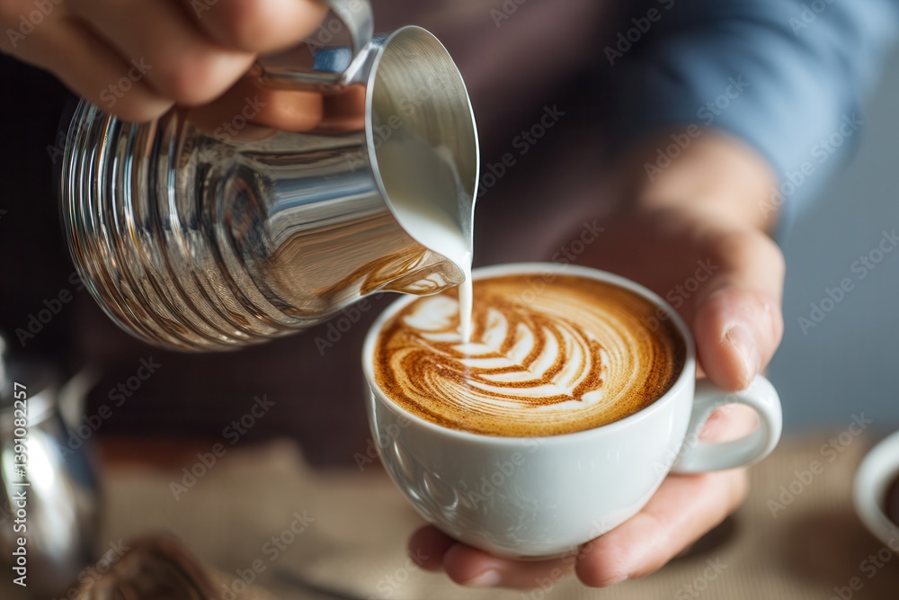 Barista creating intricate latte art in a cozy café setting. Barista creating intricate latte art in a cozy café setting.