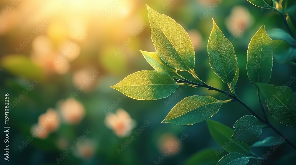 Delicate willow branches with fresh green leaves, soft pastel flowers in the background, warm sunlight filtering through, serene and peaceful atmos Delicate willow branches with fresh green leaves, soft pastel flowers in the background, warm sunlight filtering through, serene and peaceful atmos