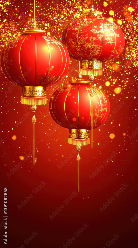 Three red lanterns are suspended from the ceiling, each one adorned with gold accents. The red and gold colors create a warm and festive atmosphere, perfect for a celebration or special event Three red lanterns are suspended from the ceiling, each one adorned with gold accents. The red and gold colors create a warm and festive atmosphere, perfect for a celebration or special event