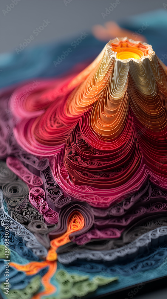 Fototapeta premium Colorful Quilling Paper Art: Contemporary 3D Volcano Design – Nature’s Geology Meets Innovative Craftsmanship