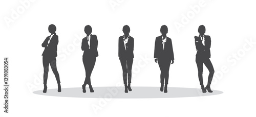 Business women silhouette. Vector realistic illustration of diverse multinational standing cartoon women in formal office outfits. Isolated on white background.