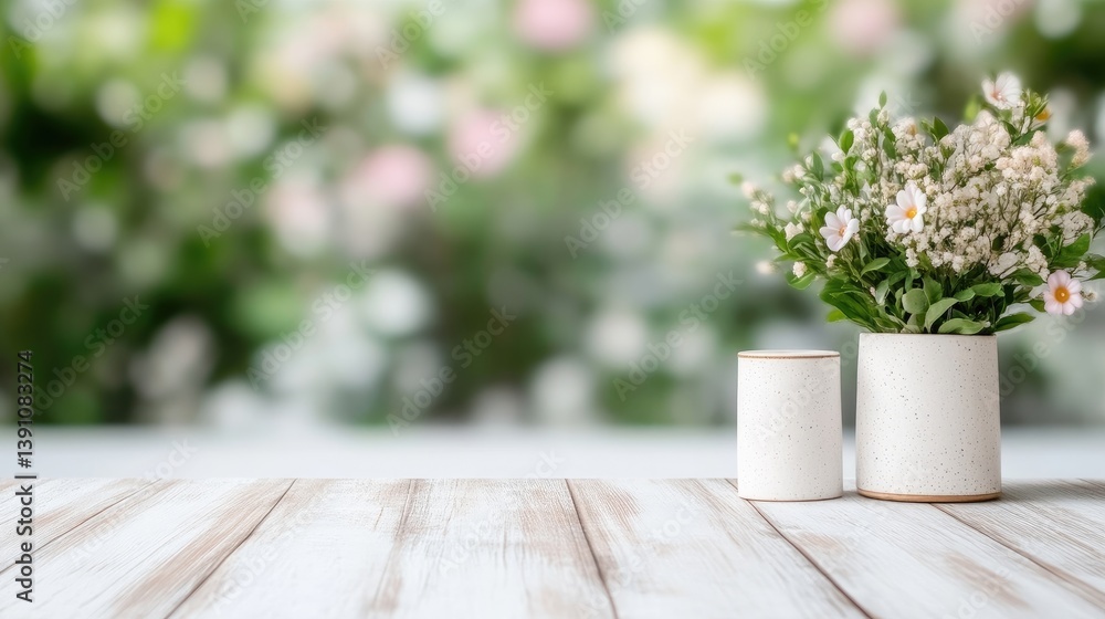 White ceramic vases with flowers on a light wooden table White ceramic vases with flowers on a light wooden table
