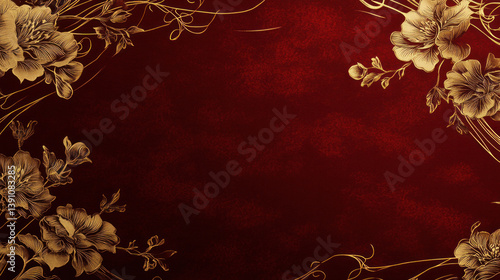 Fototapeta Naklejka Na Ścianę i Meble -  A red background with gold flowers and leaves. The flowers are in the center and the leaves are on the right