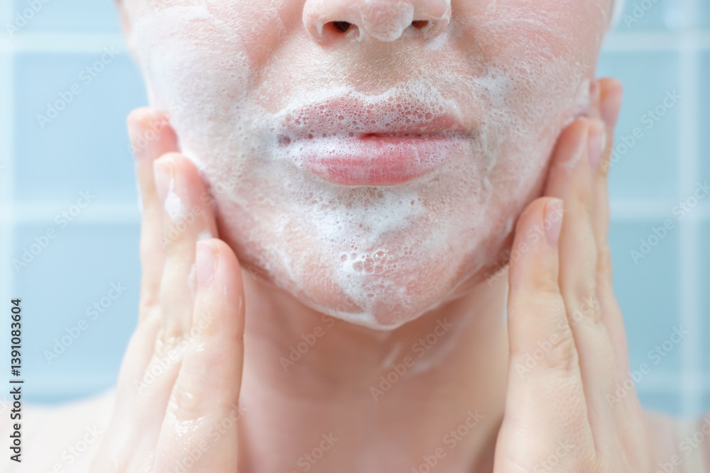 Fototapeta premium Young woman applying cleansing foam to her face close-up against a background of blue tiles.