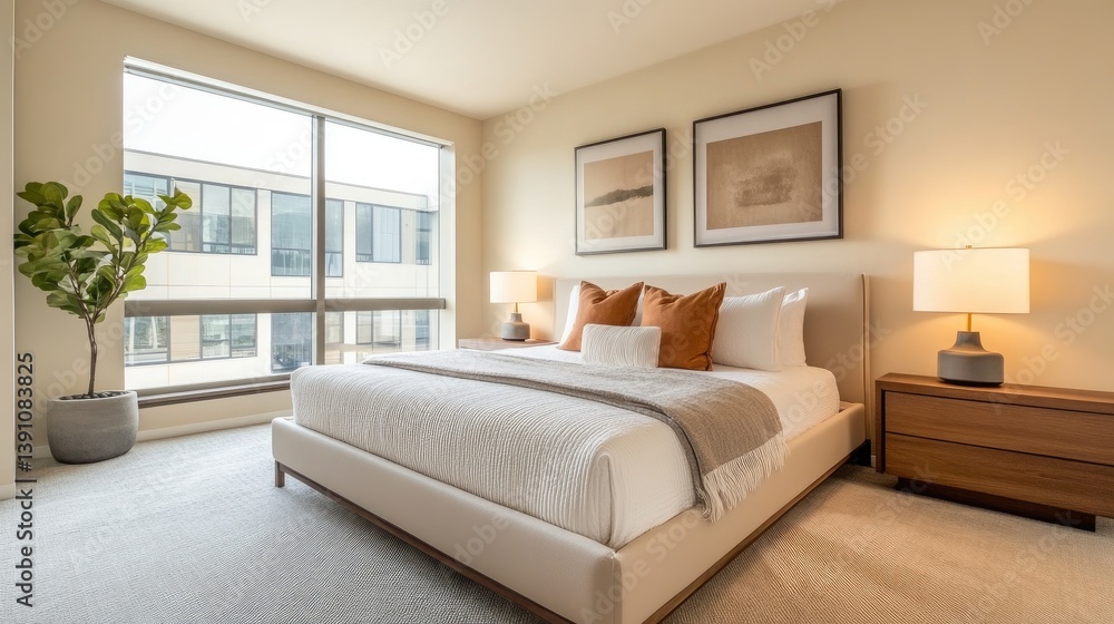A modern bedroom with a minimalist bed frame and neutral-colored linens, featuring a large window with natural light streaming in. A modern bedroom with a minimalist bed frame and neutral-colored linens, featuring a large window with natural light streaming in.