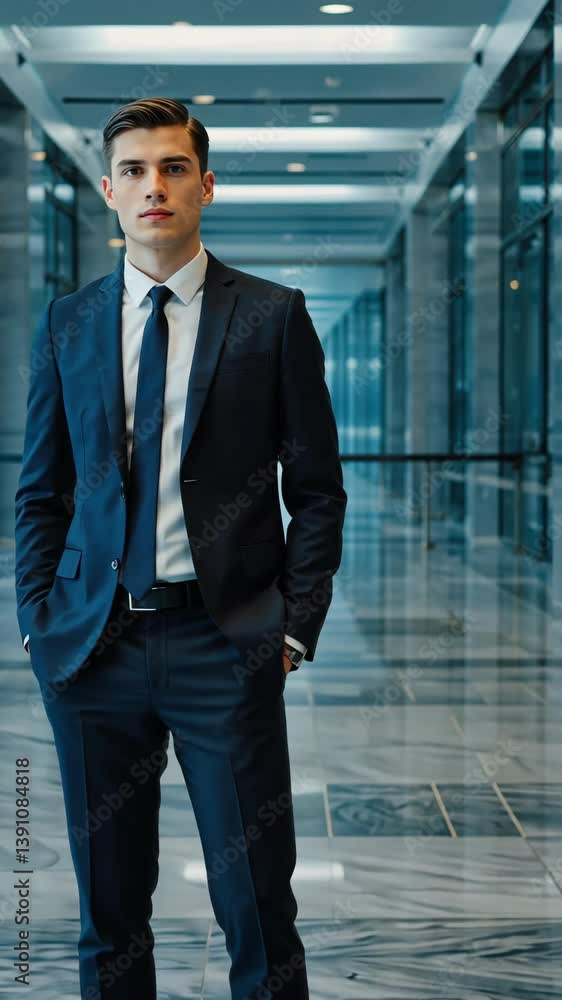 Confident young man in tailored suit stands in a modern office corridor during the afternoon Confident young man in tailored suit stands in a modern office corridor during the afternoon