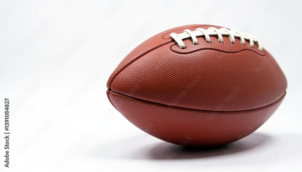 Close-up of worn leather football, white background, rough, leather, american Close-up of worn leather football, white background, rough, leather, american