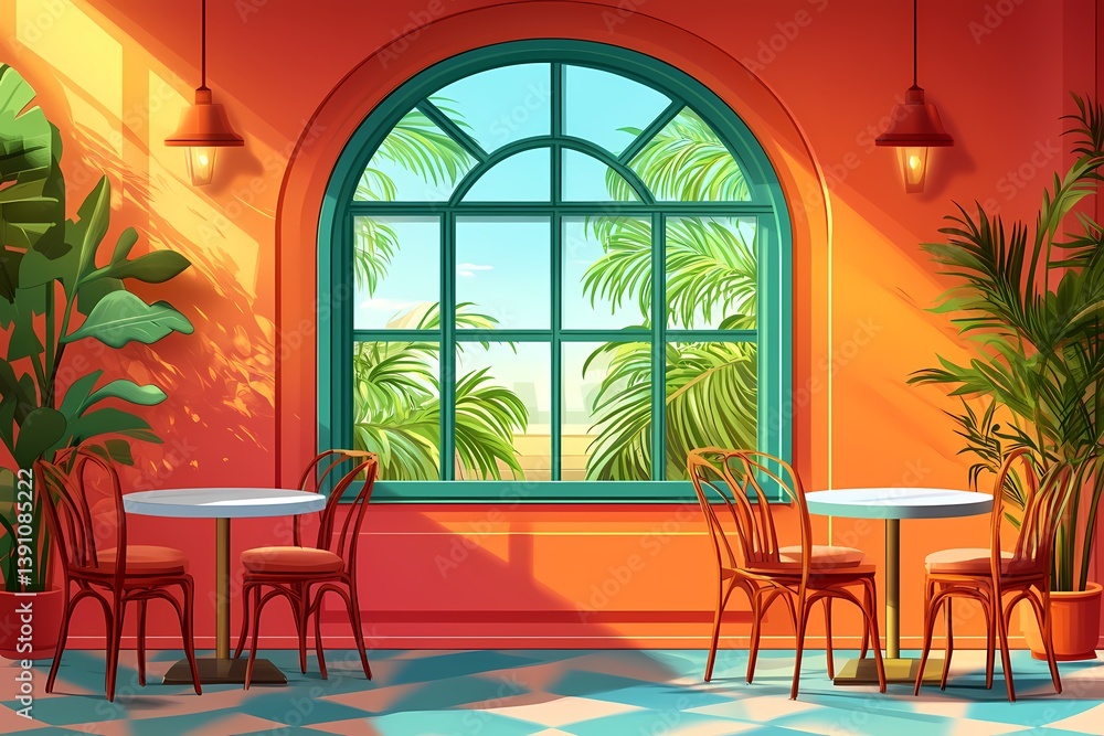Fototapeta premium Modern Tropical Restaurant Interior with Vibrant Decor and Geometric Patterns – Creative and Cozy Seating Arrangement Under Natural Sunlight
