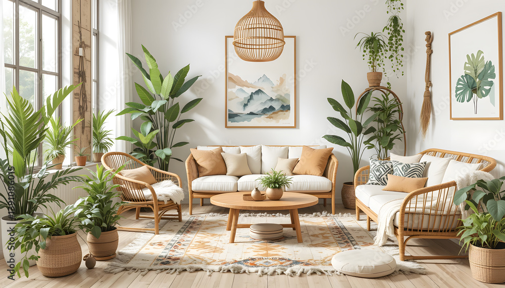 Fototapeta premium Sunlit Living Room with Rattan Furniture, Lush Greenery, and Abstract Art