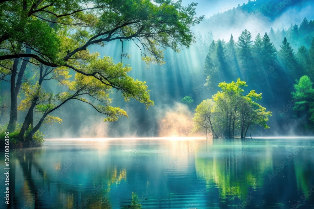 Serene lake reflecting sunlit trees and misty mountains in a tranquil landscape Serene lake reflecting sunlit trees and misty mountains in a tranquil landscape