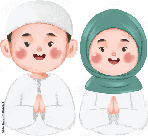 Adorable Muslim Children in Traditional Clothing, Praying Together