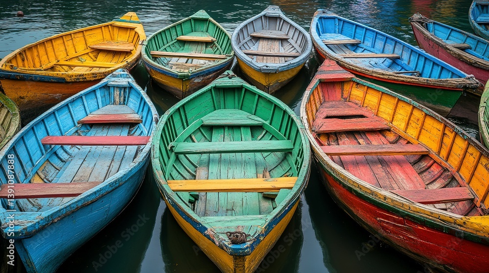 Obraz premium Colorful painted wooden boats floating on a tranquil dark water surface