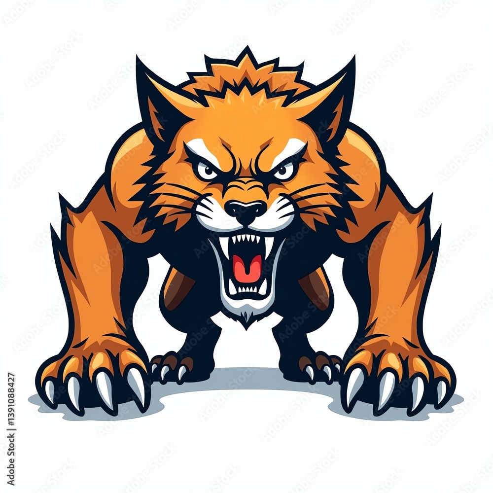 Obraz premium Bold, fierce wildcat mascot in an aggressive, symmetrical pose with sharp claws, intense eyes, and modern flat colors. Ideal for sports, branding, and merchandise