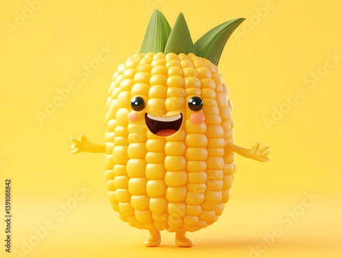 Smiling Corn Cob Character on Yellow Background for Food Promotion