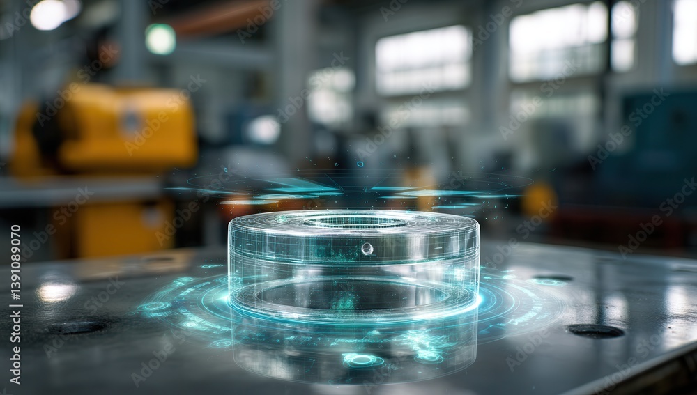 Futuristic holographic technology in industrial setting. Futuristic holographic technology in industrial setting.