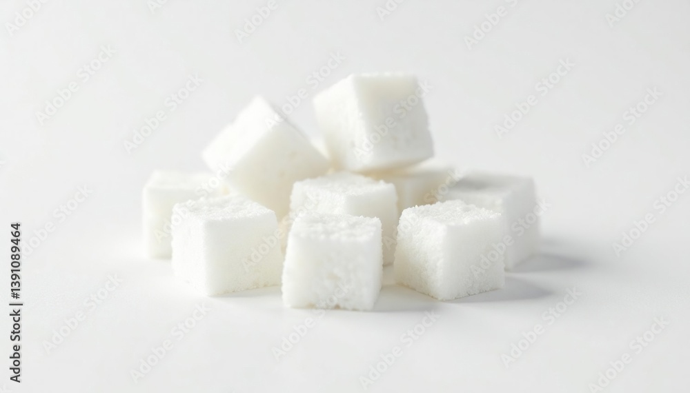 Lumps of refined white sugar against a plain white backdrop, high resolution, lumps, sparkle Lumps of refined white sugar against a plain white backdrop, high resolution, lumps, sparkle