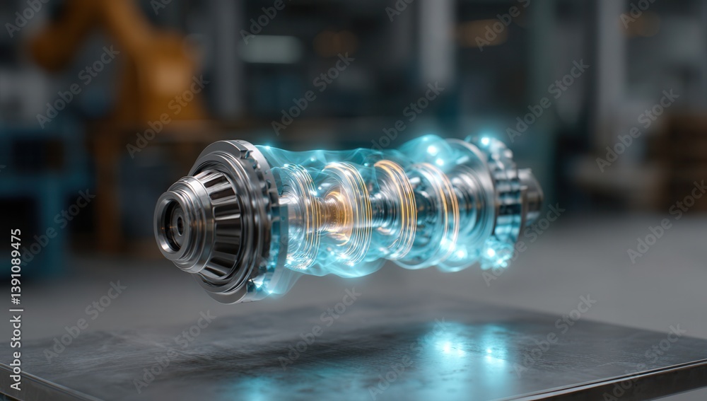 Obraz premium Futuristic glowing turbine part in industrial setting.