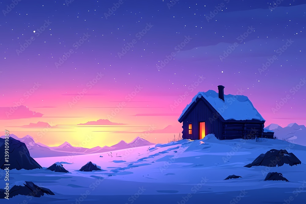 Fototapeta premium Serene Winter Cabin in Snowy Mountain Landscape at Sunset – Enchanting Night Sky with Stars and Cozy Warm Light in Remote Wilderness расстояние.