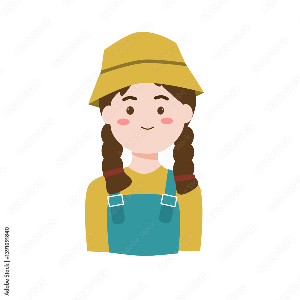 Smiling Girl in Yellow Hat and Teal Overalls, Braided Hair Smiling Girl in Yellow Hat and Teal Overalls, Braided Hair