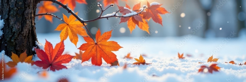 Tree branches with fallen leaves on snowy surface, winter, bare, leaves Tree branches with fallen leaves on snowy surface, winter, bare, leaves