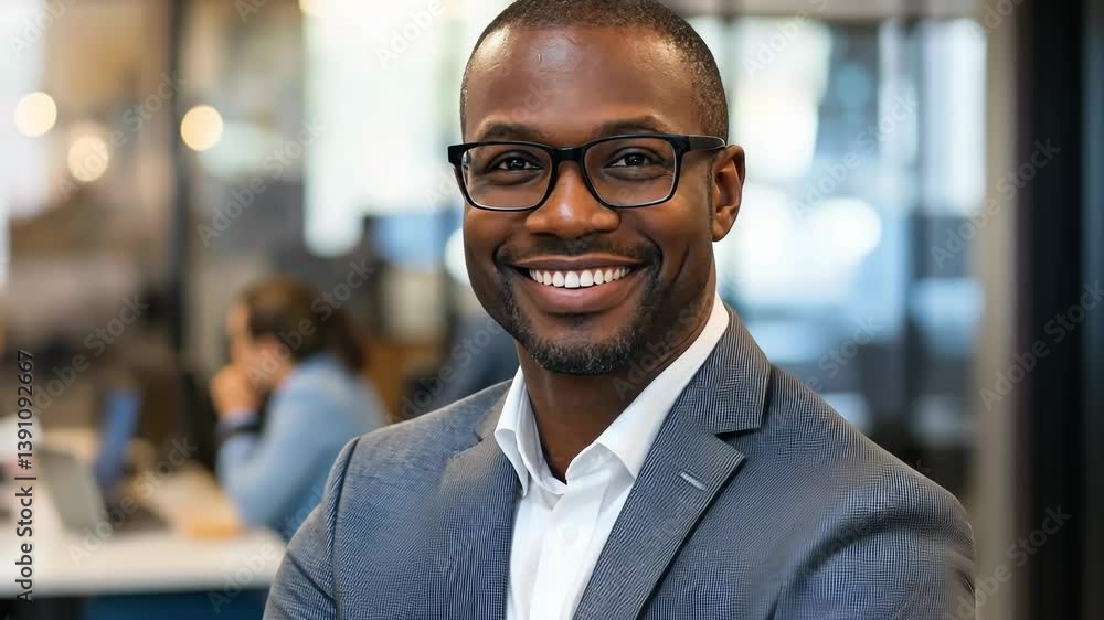 Headshot of African American man smiling while standing in office. He's wearing glasses, grey suit, , white collared shirt. The background shows blurred people working at desks in modern workspace. Headshot of African American man smiling while standing in office. He's wearing glasses, grey suit, , white collared shirt. The background shows blurred people working at desks in modern workspace.