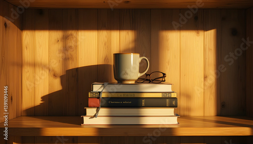 Still Life of Books Mug and Eyeglasses on Shelf Warm Light