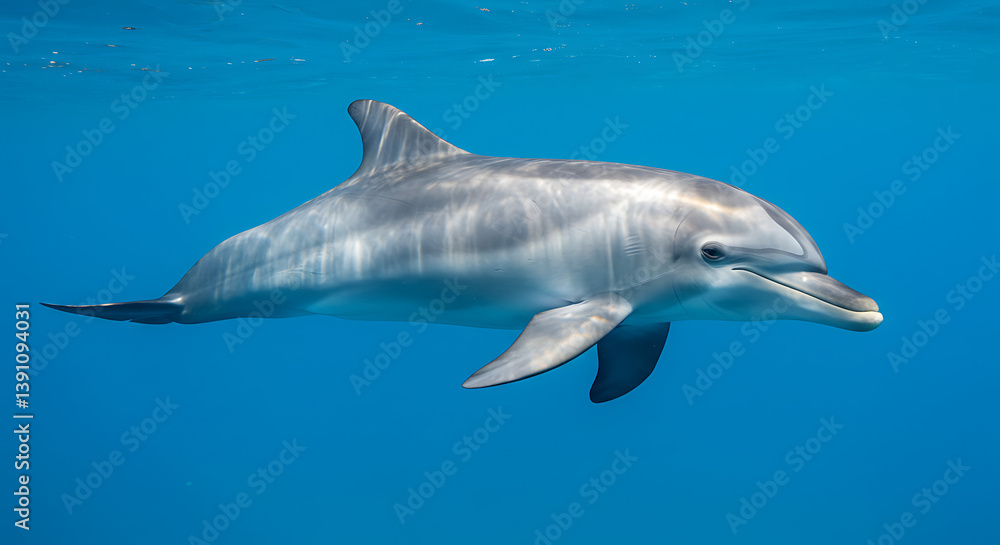 Fototapeta premium Grey Dolphin Swimming in Vibrant Blue Ocean Water