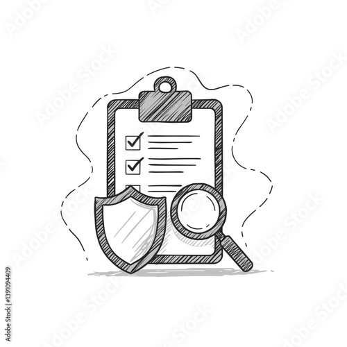 Security Audit Checklist Icon – Shield and Magnifying Glass Sketch for Cybersecurity Reports, Compliance Infographics, and Risk Assessment Concepts