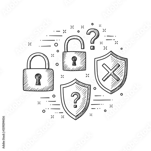 Zero Trust Security Sketch Icons – Hand-Drawn Locks and Shields Illustration for Cybersecurity Presentations, Infographics, and Network Safety Concepts