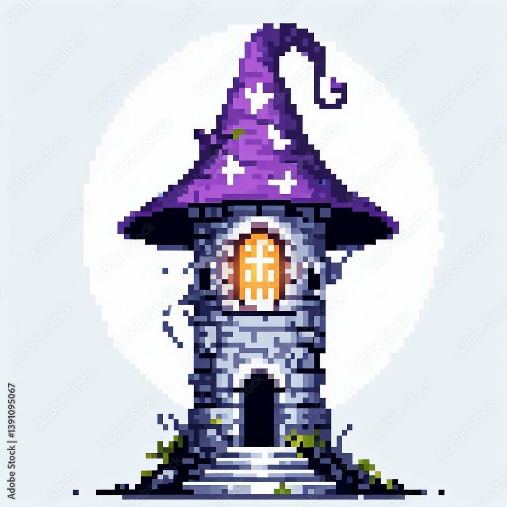Naklejka premium Pixelated Wizard Tower with Star Hat suitable for marketing material