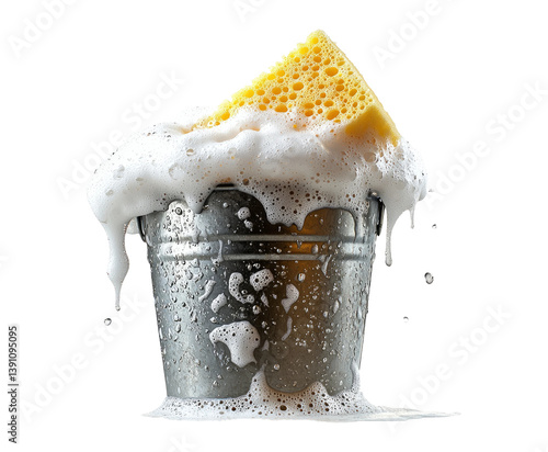 Metallic bucket filled with soap, water, and sponge for cleaning tasks