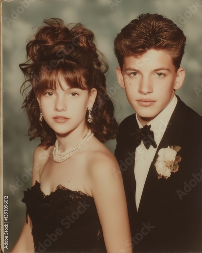 Nostalgic 1980s prom portrait of teenage couple in black formal wear, smiling gently with vintage soft focus.