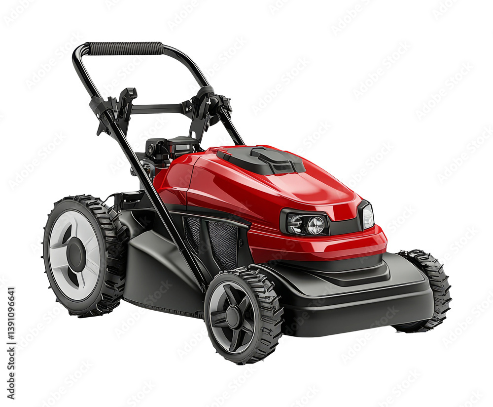 Fototapeta premium Compact Red Electric Lawn Mower with Sleek Design and Ergonomic Handle