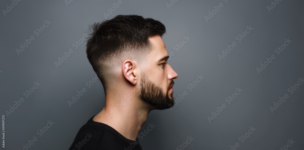 a young, handsome man with a beard and a modern haircut, in side view, isolated on a gray background a young, handsome man with a beard and a modern haircut, in side view, isolated on a gray background