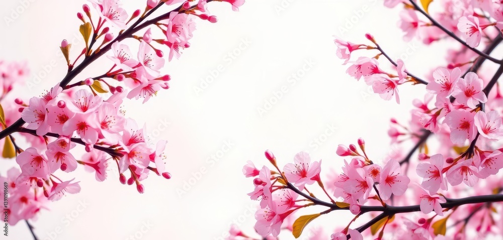 Fototapeta premium Delicate pink cherry blossoms frame a vibrant spring border against a soft background, cherry blossom, spring design