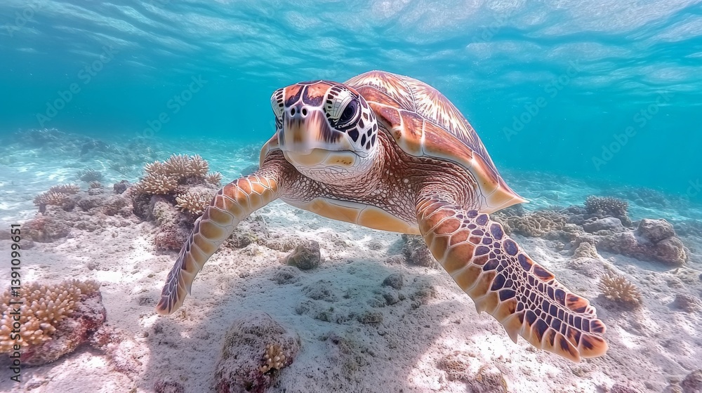 Obraz premium Underwater adventure sea turtle encounter in coral reef marine photography tropical environment close-up perspective