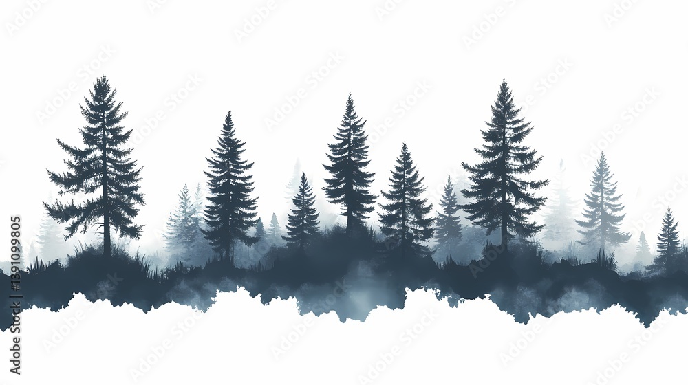 Fototapeta premium Serene Forest Landscape. Idyllic Woodlands and Dramatic Silhouettes with Mountain Backdrop