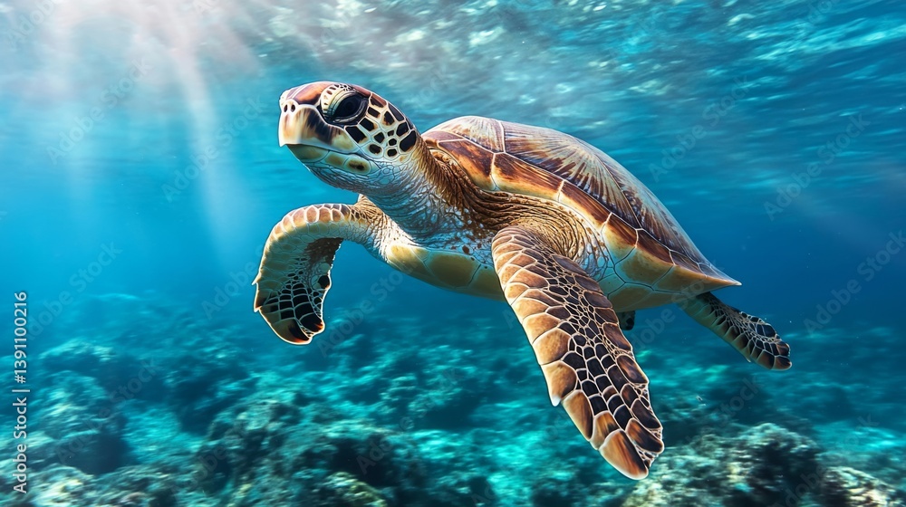 Obraz premium Graceful sea turtle swimming in crystal clear ocean underwater photography tropical environment close-up view marine life
