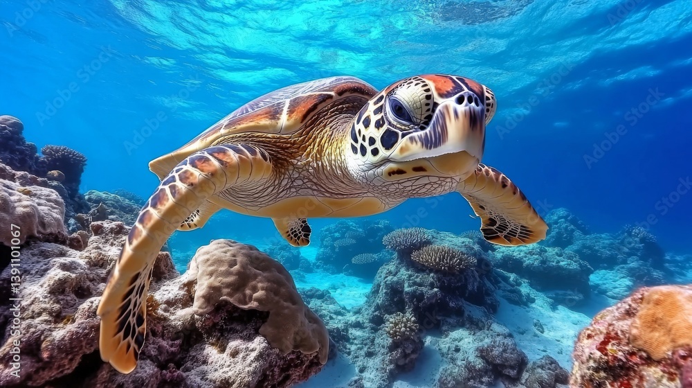 Fototapeta premium Graceful sea turtle swimming through vibrant coral reef tropical ocean underwater photography marine life close-up perspective nature's wonders