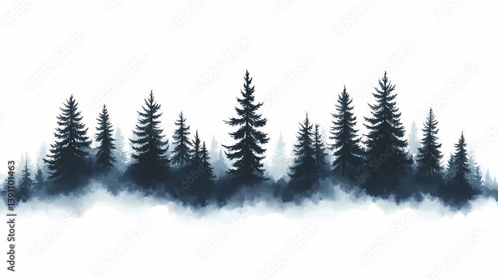 Fototapeta premium Explore Mystical Woodland Landscapes. Serene Forest and Pine Tree Silhouette Art Background