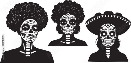 Day of the Dead Vector Black Silhouette on White Background | Día de los Muertos Illustration | Cultural & Festive Design | Minimalist & Editable