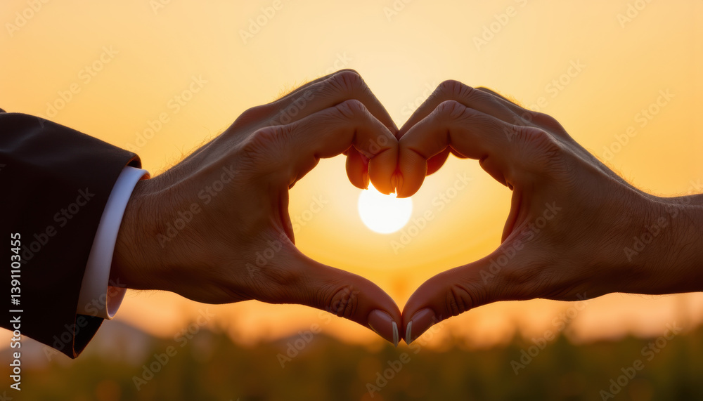 Hands forming a heart during sunset in a romantic setting Hands forming a heart during sunset in a romantic setting