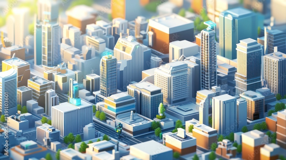 Obraz premium A vibrant, stylized cityscape showcasing modern architecture and urban planning.